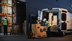 Outside of Logistics Retail Warehouse With Inventory Manager Using Tablet Computer, talking to Worker Loading Delivery Truck with Cardboard Boxes, Online Orders, Food and Medicine Supply, E-Commerce