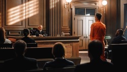 Court of Law and Justice Trial: Imparcial Honorable Judge Pronouncing Sentence, Striking Gavel. Shot of Male Lawbreaker in Orange Robe Sentenced to Serve Time in Prison. Hearing Adjourned,