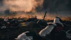 After Epic Battle Bodies of Dead, Massacred Medieval Knights Lying on Battlefield. Warrior Soldiers Fallen in Conflict, War, Conquest, Warfare, Colonization. Cinematic Dramatic Historical Reenactment