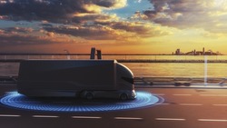 Futuristic Technology Concept: Autonomous Self-Driving Lorry Truck with Cargo Trailer Drives on the Road with Scanning Sensors. Special Effects of a Vehicle Analyzing Highway on a Sunset Evening.