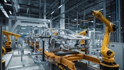 Car Factory 3D Concept: Automated Robot Arm Assembly Line Manufacturing High-Tech Green Energy Electric Vehicles. Automatic Construction, Building, Welding Industrial Production Conveyor.