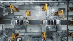 Aerial Car Factory 3D Concept: Automated Robot Arm Assembly Line Manufacturing Advanced High-Tech Green Energy Electric Vehicles. Construction, Building, Welding Industrial Production Conveyor