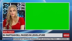 Split Screen TV News Live Report: Female Anchor Talks, Reporting. Reportage Montage with Picture in Picture Green Screen, Side by Side Chroma Key. Television Program Channel Concept