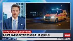Breaking TV News Live Report: Anchor Talks While Split Screen Montage: Ambulance Driving to Road Accident, ER Team Saving Car Crash Victim. Television Program Cable Channel Concept