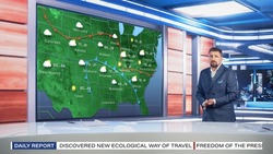 TV Weather Forecast Program: Professional Television Host Reviewing Weather Report in Newsroom Studio, Uses Big Screen with Visuals. Famous Anchorman Talks. Mock-up Cable Channel Concept.