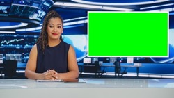 Newsroom TV Studio Live News Program: Caucasian Female Presenter Reporting, Green Screen Chroma Key Screen Picture. Television Cable Channel Anchor Woman Talks. Network Broadcast Mock-up