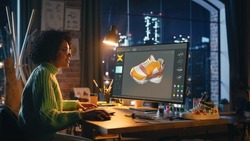 Multiracial Female Designer Comes Up with Design of Sneakers by Creating a Model It in the Software for 3d Visualisation. Talented Black Woman Preparing Fashionable Footwear for New Season.