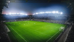 High Angle Establishing Shot: Stadium with Soccer Championship Match. Teams Play, Crowds of Fans Cheer. Football Cup Tournament. Sport Channel Television Concept, Screen Content. Wide Shot.