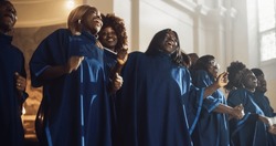 Group Of Christian Gospel Singers Praising Lord Jesus Christ. Song Spreads Blessing, Harmony in Joy and Faith. Church is Filled with Spiritual Message Uplifting Hearts. Music Brings Peace, Hope, Love