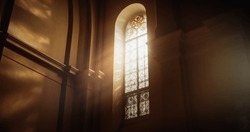 The Sun's Rays Streaming Through Stained Glass Windows of The Cathedral, Blessing The Church With A Heavenly Light that Enters House Of The Lord. A Reminder Of God's Love And Grace. Cinematic Concept