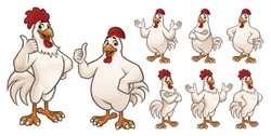Cartoon Rooster and Chicken Mascot with 8 poses EPS 10 Vector