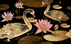 Seamless pattern with birds swans, flowers and leaves of water lily. Vector illustration art. Vintage engraving. Printing with gold foil, black, white and pink. Template for paper, textiles, wallpaper