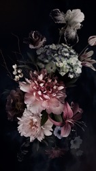 Peonies, hydrangea, lily, iris and tulips in bloom. Vintage bouquet of beautiful garden flowers on black. Floristic decoration. Floral background. Baroque style.