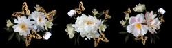 Set of bouquets of luxurious white peonies and golden butterflies. Isolated flowers on a black background. Decoration for packaging, greeting cards, wedding invitations.