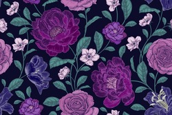 Vintage seamless pattern. Floral color background. Garden flowers roses and peonies. Handmade graphics. Victorian style. Textiles, paper, wallpaper decoration. Ornamental cover. Vector.