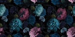 Unusual Floral summer seamless pattern. Garden peonies. Blue and pink flowers on a black background. Template for fabrics, textiles, paper, wallpaper, interior decoration. Vintage.