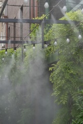Automatic mist nozzle water spraying system to make humidifier and cooling climate to reduce hot weather. Water fog machine working during hot summer day. Refreshes plants and cleaning air outdoors
