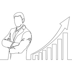 Continuous one single line drawing businessman standing at growing graph presentation icon vector illustration concept