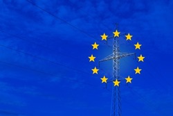 Flag of the European Union and power lines in multiple exposure. The concept of the energy crisis and electricity inflation. Rising electricity prices. Copy space