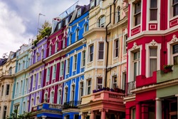 Typical colorful houses of Notting Hill, district near Portobello Road, London, UK.