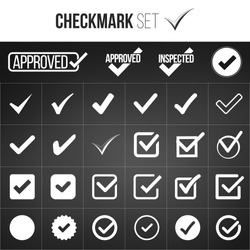 Checkmark or tick mark collection set. Acceptance, approval, right choice, correct selection, true option, positive answer, saying yes, , confirmation concept. Vector illustration isolated on black