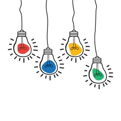 Vector light bulb icons with concept of idea. Color original sign of co-creativity. Doodle hand drawn sign. Sketch design template.