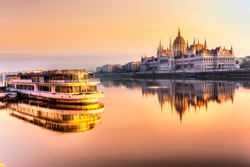 View of Budapest parliament at sunrise, Hungary