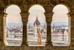 Budapest,  Parliament view through Fishermans Bastion, Hungary