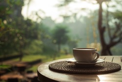 morning cup of coffee on the table overlooking the tropical jungle, Indonesian bali