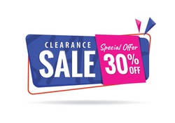 Vol. 2 Clearance Sale  blue pink 30 percent heading design for banner or poster. Sale and Discounts Concept. Vector illustration.