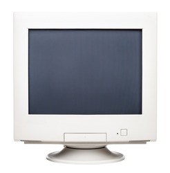 Obsolete CRT computer monitor with blank screen isolated on white background