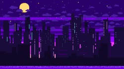 Pixel art game background with road, ground, sunset, landscape, sky, clouds, silhouette city, stars and moon. Background with gradient.