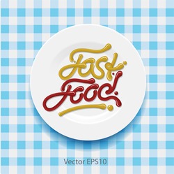 Word fast food - made up of yellow and red sauce on a white plate, vector Eps10 illustration.