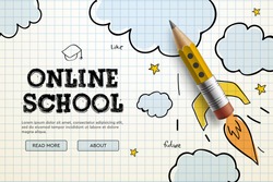 Online School. Digital internet tutorials and courses, online education, e-learning. Web banner template for website, landing page and mobile app development. Doodle style vector illustration