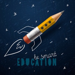 Smart education. Rocket ship launch with pencil - sketch on the blackboard, vector illustration.
