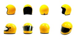 Yellow motorcycle Full helmet and Open face helmet on a white background, side back front