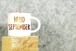 Hello September written on white coffee cup on 3d wooden cube