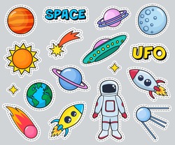 Cute patches set with space cosmonaut planets sun earth rockets spaceships moon ufo comet satellite and stars on gray background. Fashion stickers, cartoon 80s-90s style. Vector illustration