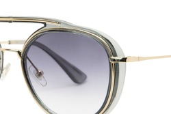 Round Sunglasses with gold metal strips strips retro style fashion for Women and men double bean purple shades with grey frame closeup view