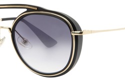 Round Sunglasses with gold metal strips retro style fashion for Women and men double bean purple smoke shades with black frame closeup view