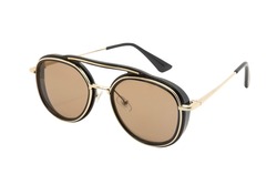 Round Sunglasses with gold metal strips retro style fashion for Women and men double bean brown shades with black frame top front view