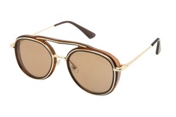 Round Sunglasses with gold metal strips retro style fashion for Women and men double bean brown shades with brown frame top front view