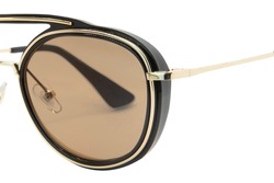 Round Sunglasses with gold metal strips retro style fashion for Women and men double bean brown shades with black frame closeup view