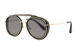 Round Sunglasses with gold metal strips retro style fashion for Women and men double bean black gradient dark shades side front view