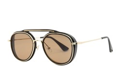 Round Sunglasses with gold metal strips retro style fashion for Women and men double bean brown shades with black frame side front view