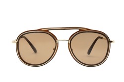 Round Sunglasses with gold metal strips retro style fashion for Women and men double bean brown shades with brown frame front view