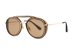 Round Sunglasses with gold metal strips retro style fashion for Women and men double bean brown shades with brown frame side front view