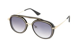 Round Sunglasses with gold metal strips retro style fashion for Women and men double bean purple smoke shades with black frame top front view