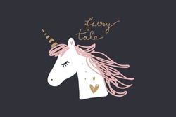 Vector and jpg image, clipart, editable isolated details. Unicorn head funny art, baby stylish Illustration, unique print for posters, cards, mugs, clothes and other.