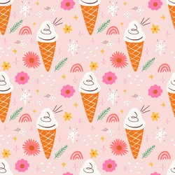 Icecream doodle pink color seamless pattern flat vector girly design